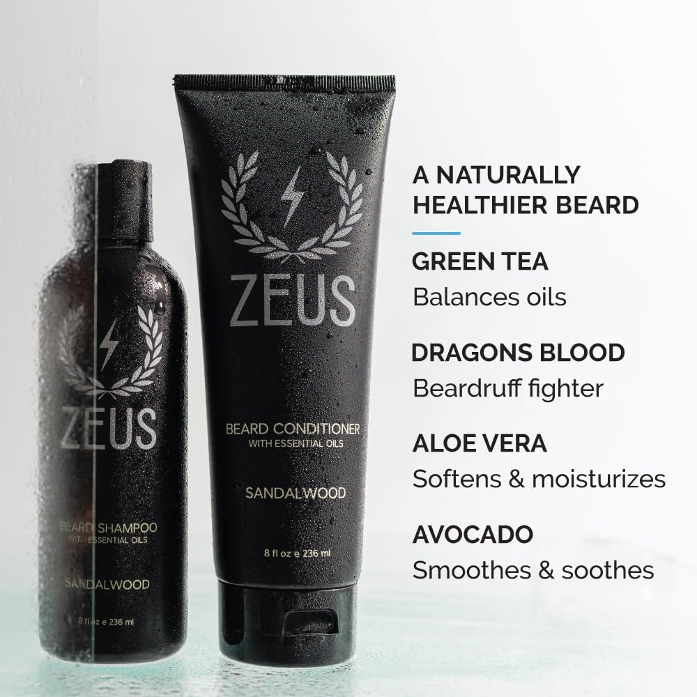 Beard Wash & Beard Conditioner Set with Green Tea for Men, Soften, Hydrates & Moisturizes - MADE in USA (Sandalwood)