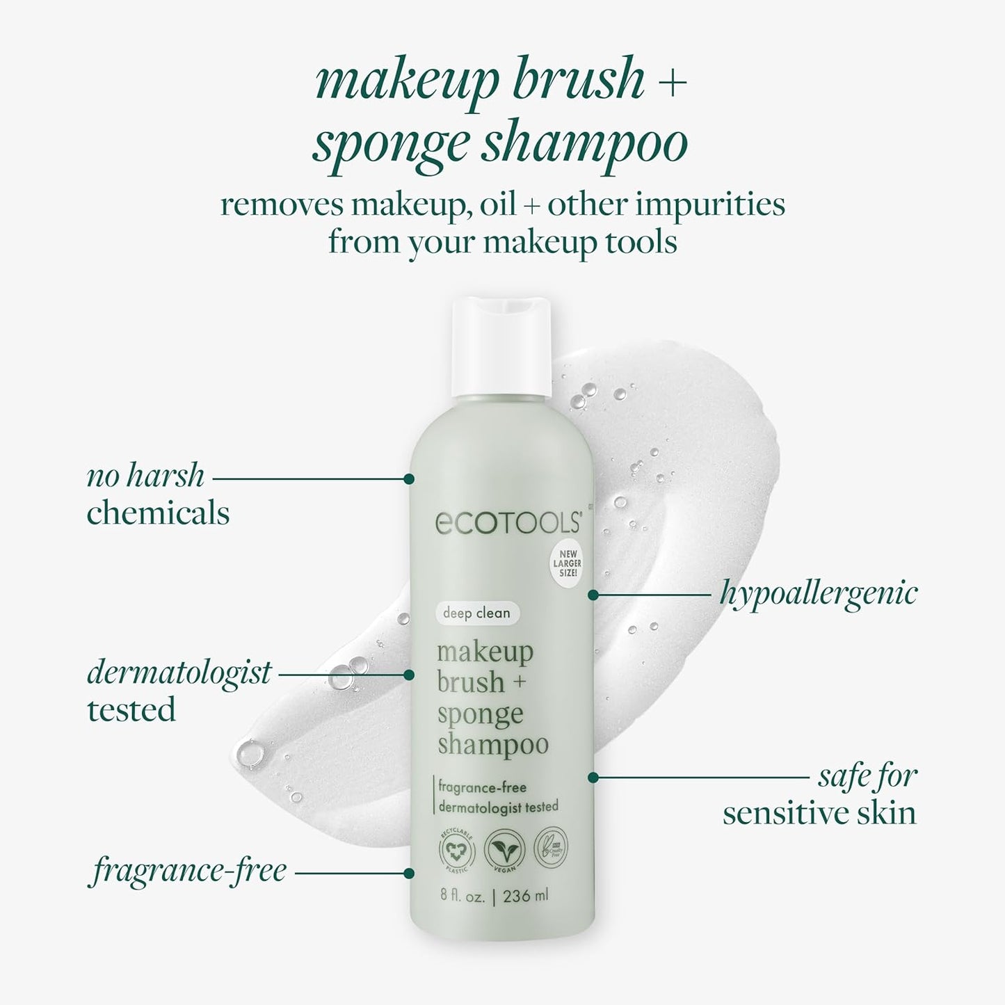 Cleanser Shampoo for Makeup Brush/Sponge/Puffs, Remove Makeup & Impurities, Fragrance-Free, No Harsh Chemicals, Vegan & Cruelty-Free, 6 Fl.Oz./177 Ml, 1 Count