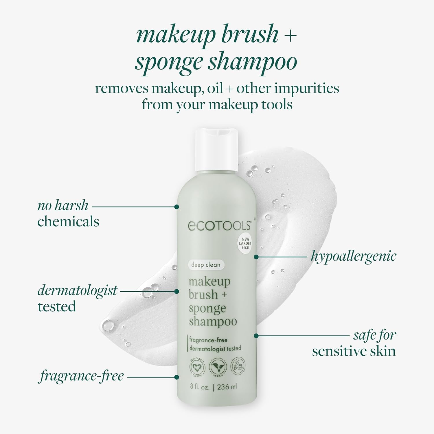 Cleanser Shampoo for Makeup Brush/Sponge/Puffs, Remove Makeup & Impurities, Fragrance-Free, No Harsh Chemicals, Vegan & Cruelty-Free, 6 Fl.Oz./177 Ml, 1 Count