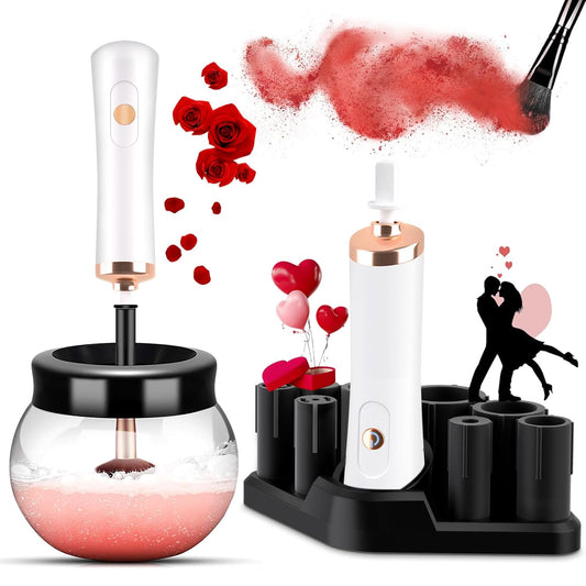 Makeup Brush Cleaner,Electric Makeup Brush Cleaner Machine with 8 Rubber Collars,Deep Cosmetic Automatic Brush Spinner for All Brushes,Wash and Dry in Seconds (White)